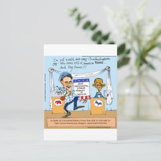 ロムニーがオバマの贈り物とカードおもしろいにジンガーを試す ポストカード (スタンド正面)