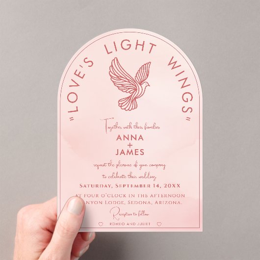 ロメエレガントオとモダンジュリエット引用文ピンク アクリル招待状 (インサイチュ (ポータブル))