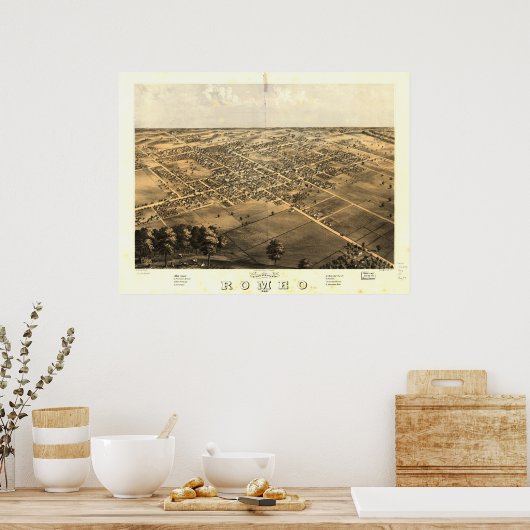 ロメオミシガン1868アンティークパノラママップ ポスター (キッチン)