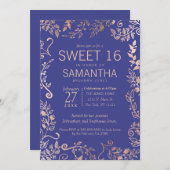 ロヤエレガントブルーバラ金ゴールドフローラスウィート16招待状 招待状 (正面/裏面)