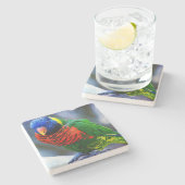 ロリケート赤い緑の黄色の鳥の写真モダン ストーンコースター (横)