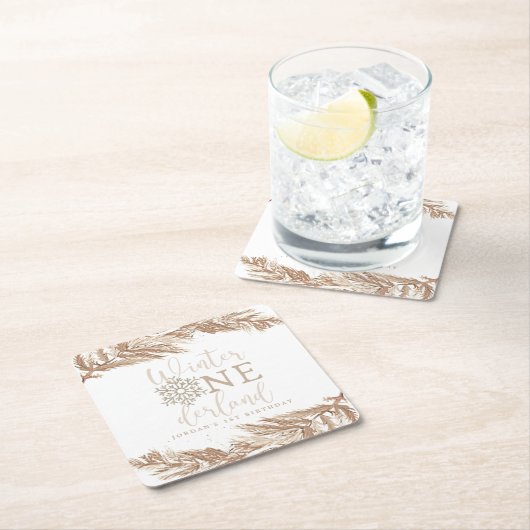 ロリーボホーベージュウィンターワンダーランドファースト誕生日 スクエアペーパーコースター (インサイチュ)