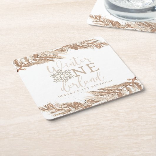 ロリーボホーベージュウィンターワンダーランドファースト誕生日 スクエアペーパーコースター (アングル)