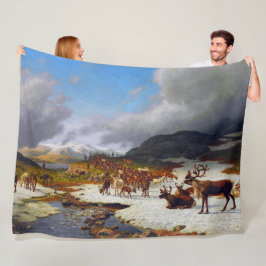 ロロスの北の山の中のトナカイの群れ フリースブランケット