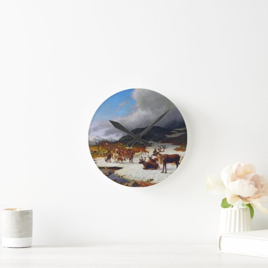 ロロスの北の山の中のトナカイの群れ ラウンド壁時計 (ホーム)