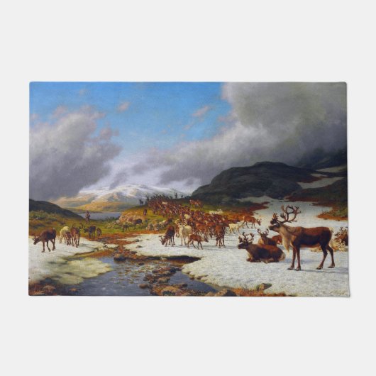 ロロスキャンプの北の山の中のトナカイの群れ ドアマット (正面)