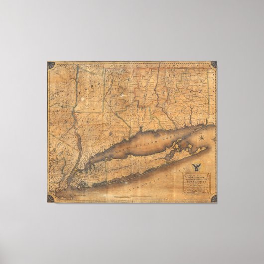 ロングアイランドとコネチカットのヴィンテージの地図（1815年） キャンバスプリント (正面)