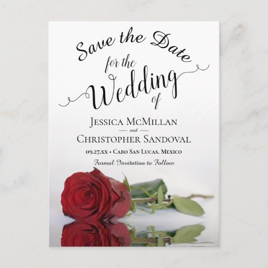 ロングエレガントステムレッドローズウェディング日付を保存 案内ポストカード (正面)