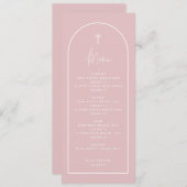 ロングパステルベビーピンクアーチクロスバプティスメニューカード 招待状 (正面/裏面)