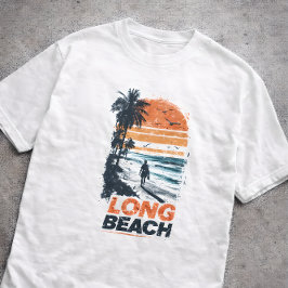 ロングビーチ カリフォルニア レトロ サンセット ヤシの木 ビーチ Tシャツ