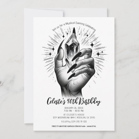 ロングブラック爪、 ネイル結晶エネルギーヴィンテージ誕生日 招待状 (正面)