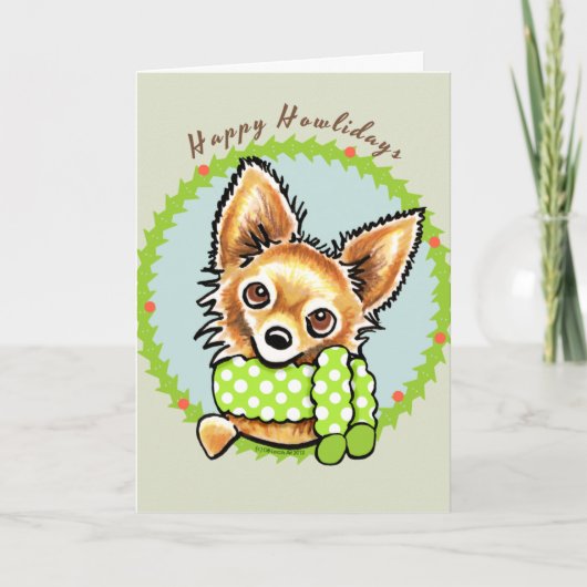 ロングヘアのチワワ Happy Howlidays シーズンカード (正面)
