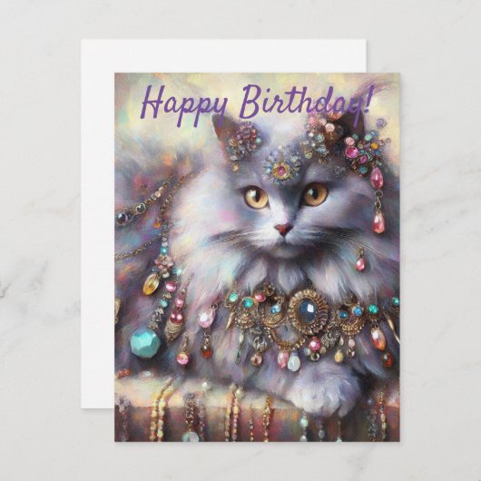 ロングヘアの灰色の猫の宝石 誕生日カード (正面/裏面)