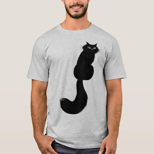 ロングヘアカラーの黒猫が肩を見下ろす Tシャツ (正面)