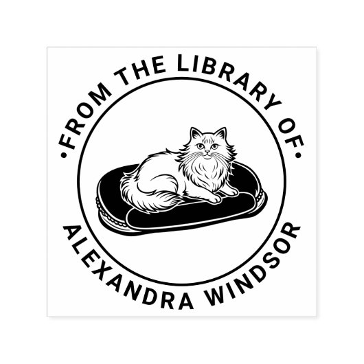 ロングヘアキャットオンベッドライブラリブック名 セルフインキングスタンプ (デザイン)
