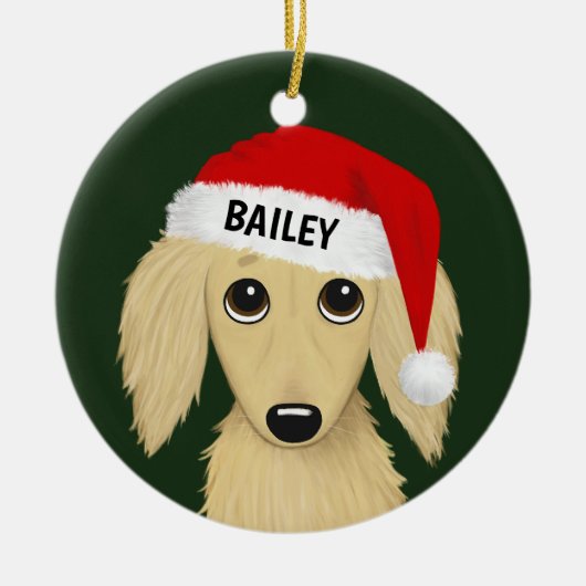 ロングヘアクリームダックスシュントサンタドッグカスタム セラミックオーナメント (正面)