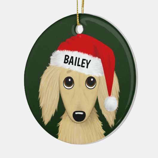 ロングヘアクリームダックスシュントサンタドッグカスタム セラミックオーナメント (左)