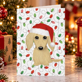 ロングヘアクリームダックスフンドサンタ犬クリスマス シーズンカード