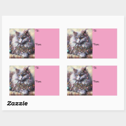 ロングヘアグレーネベルンキャット子猫w/ジュエルジュエリー 長方形シール (シート)