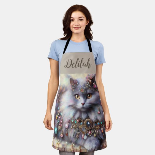 ロングヘアグレーネベルンネコ子猫ジュエリー宝石 エプロン (着用した状態)