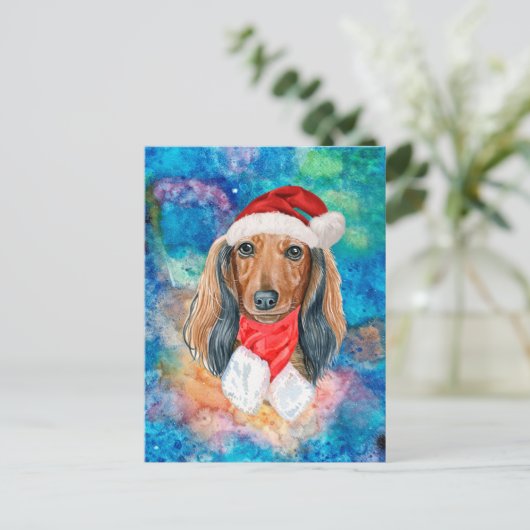ロングヘアダシュント犬のクリスマス シーズンポストカード (スタンド正面)