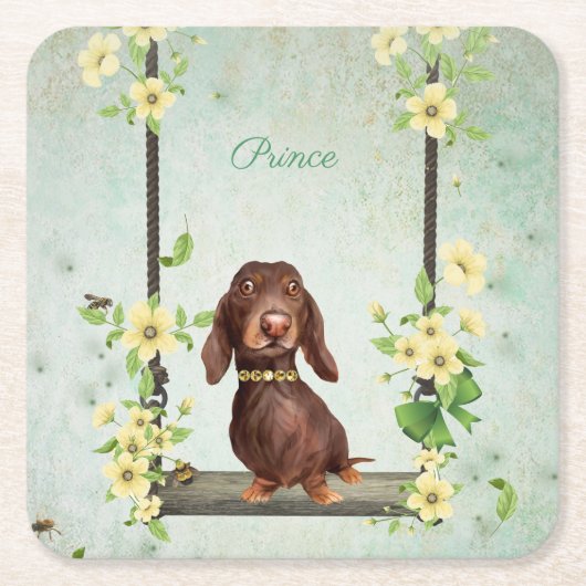 ロングヘアダックスシャンドイエローフラワーコースター スクエアペーパーコースター (正面)