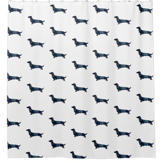 ロングヘアダックスシャンドシルエット黒水色 シャワーカーテン (正面)