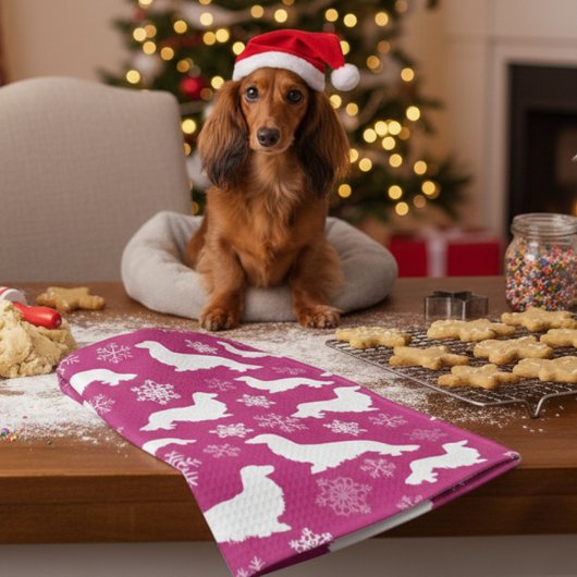 ロングヘアダッシュンドクリスマスギフト明るい赤紫色 キッチンタオル