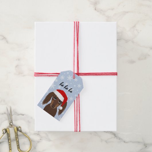 ロングヘアチョコレートダックスシュントかわいい犬のクリスマス ギフトタグ (より糸付き)