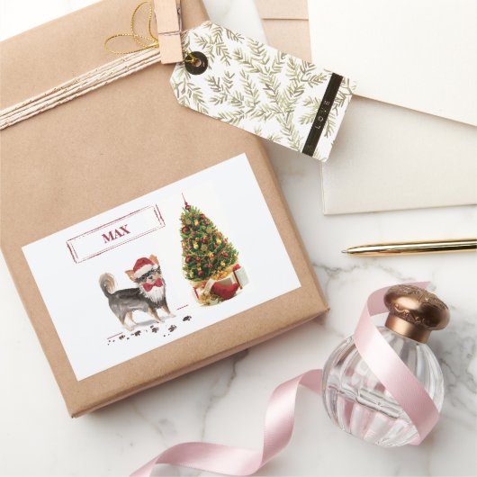 ロングヘアチワホアクリスおもしろいスマスドッグの木 長方形シール (ギフト)