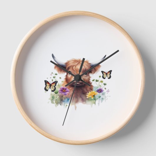 ロングヘアハイランドベビークラシック牛Tシャツ 壁時計 (正面)