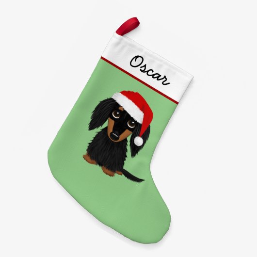 ロングヘアブラック&タンダックスシュントサンタかわいい スモールクリスマスストッキング (正面 (吊り時))