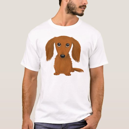 ロングヘアレッドダシュント |かわいいドキシーの漫画の犬 Tシャツ (正面)