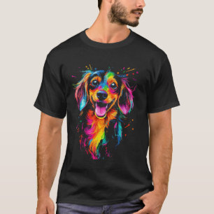 ロングヘアーダックスフンドのデザインに犬が描かれた Tシャツ