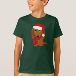 ロングヘアードダックスフントのサンタ姿のウィーンダッグ クリスマス Tシャツ