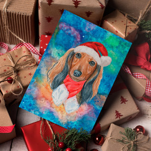 ロングヘアードダックスフンド犬のクリスマス シーズンポストカード