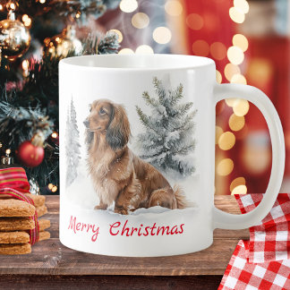 ロングヘアードックスントの犬と雪のメリークリスマス コーヒーマグカップ