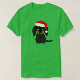 ロングヘアードブラックタン ダックスフント サンタ クリスマス Tシャツ