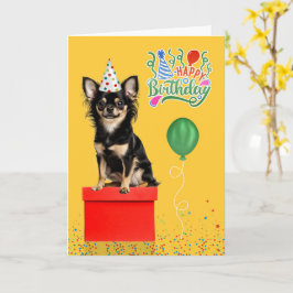 ロングヘア Chihuahua 犬 パーティーハット 黄色い 誕生日 カード