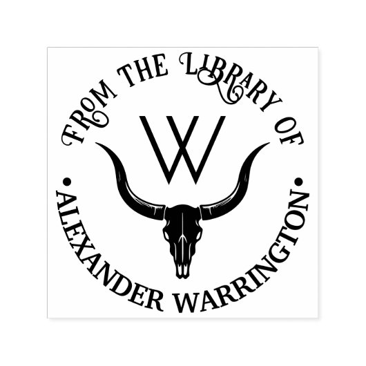 ロングホーンの雄牛の頭蓋骨ライブラリーブックネームイニシャル セルフインキングスタンプ (デザイン)