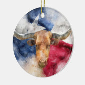 ロングホーン牛とテキサス州国旗のマップ水色 セラミックオーナメント (左)