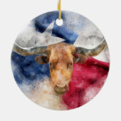 ロングホーン牛とテキサス州国旗のマップ水色 セラミックオーナメント (裏面)