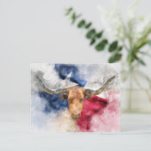 ロングホーン牛とテキサス州国旗のマップ水色 ポストカード (スタンド正面)