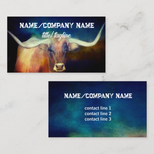 ロングホーン牛の写真アート青と茶色の国 名刺 (正面/裏面)