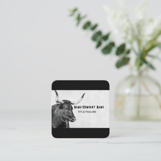 ロングホーン牛の写真白黒カスタム撮影 スクエア名刺 (スタンド正面)