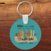 ロングボードを持つ初期の男性サーフィンユーモア キーホルダー (正面)