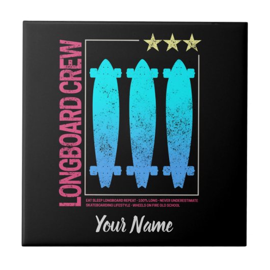 ロングボードレトロスケートボードヴィンテージスケーターデザイン タイル (正面)