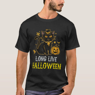 ロングライブハロウィーンカボチャブラックキャットシー不気味ソ Tシャツ