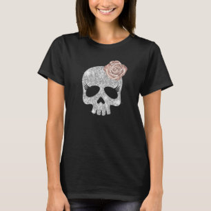 ロングラッシュシルバーグリッタースカル美しいバラフラワー Tシャツ