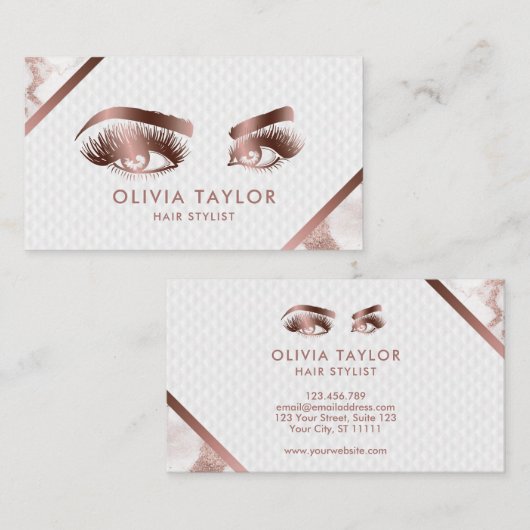 ロングラッシュ&ブローズメイクアップアーティストバラ金ゴールド大理石 名刺 (正面/裏面)